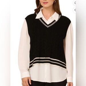 Adrianna Papell BNWT Twofer Black V-Neck Cable Knit Sweater Vest Blouse Size L